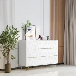 Commode 6 tiroirs blanche avec façades à motif losange en relief, panneaux mélaminés, grande capacité de rangement et robuste