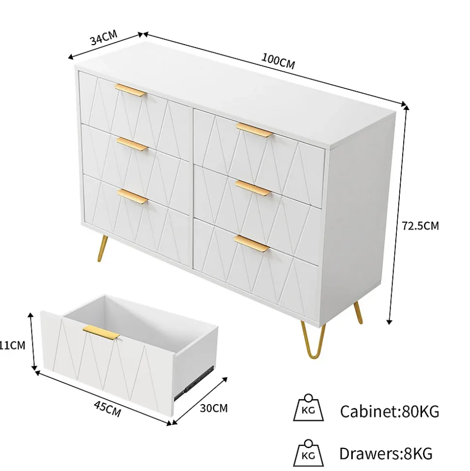 Commode 6 tiroirs blanche avec façades à motif losange en relief, panneaux mélaminés, grande capacité de rangement et robuste