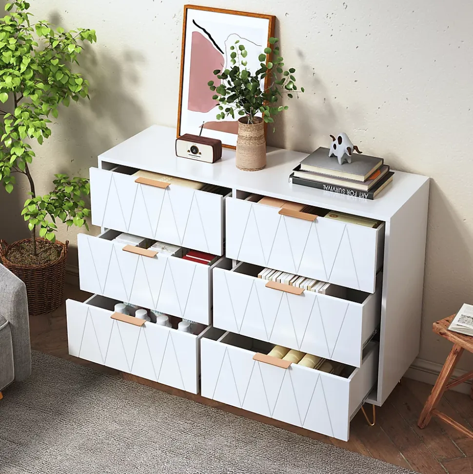 Commode 6 tiroirs blanche avec façades à motif losange en relief, panneaux mélaminés, grande capacité de rangement et robuste