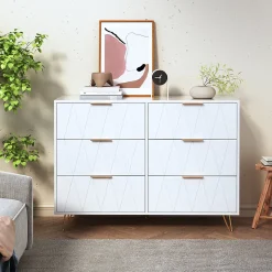 Commode 6 tiroirs blanche avec façades à motif losange en relief, panneaux mélaminés, grande capacité de rangement et robuste