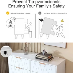 Commode 6 tiroirs blanche avec façades à motif losange en relief, panneaux mélaminés, grande capacité de rangement et robuste
