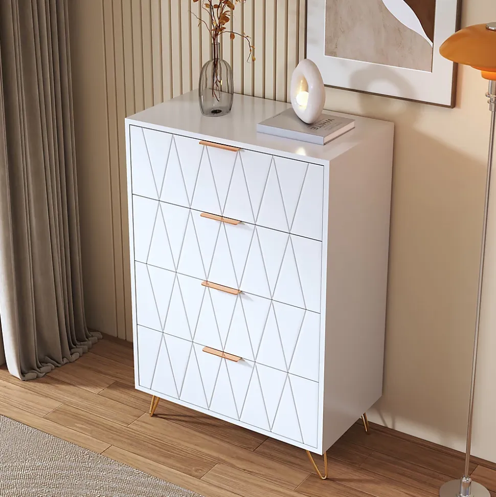 Commode 4 tiroirs blanche avec façades à motif losange en relief, panneaux mélaminés, grande capacité de rangement et robuste
