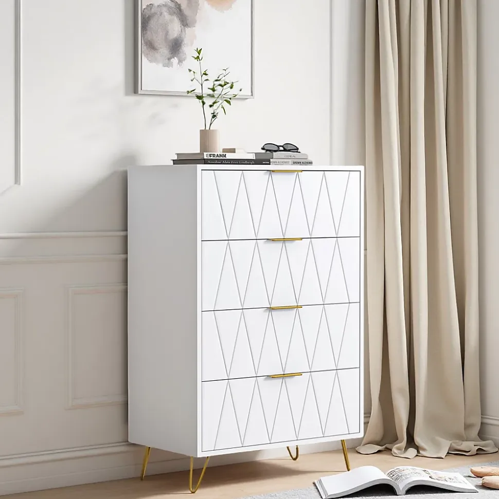 Commode 4 tiroirs blanche avec façades à motif losange en relief, panneaux mélaminés, grande capacité de rangement et robuste