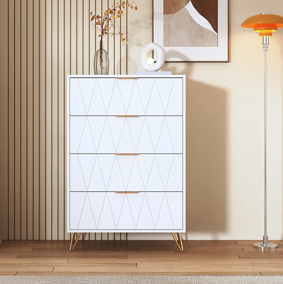 Commode 4 tiroirs blanche avec façades à motif losange en relief, panneaux mélaminés, grande capacité de rangement et robuste