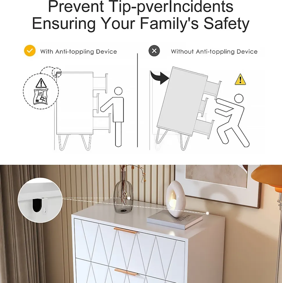 Commode 4 tiroirs blanche avec façades à motif losange en relief, panneaux mélaminés, grande capacité de rangement et robuste