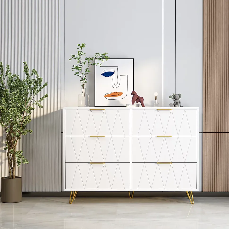 Commode 6 tiroirs blanche avec façades à motif losange en relief, panneaux mélaminés, grande capacité de rangement et robuste