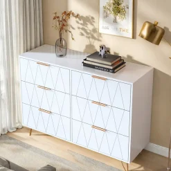 Commode 6 tiroirs blanche avec façades à motif losange en relief, panneaux mélaminés, grande capacité de rangement et robuste