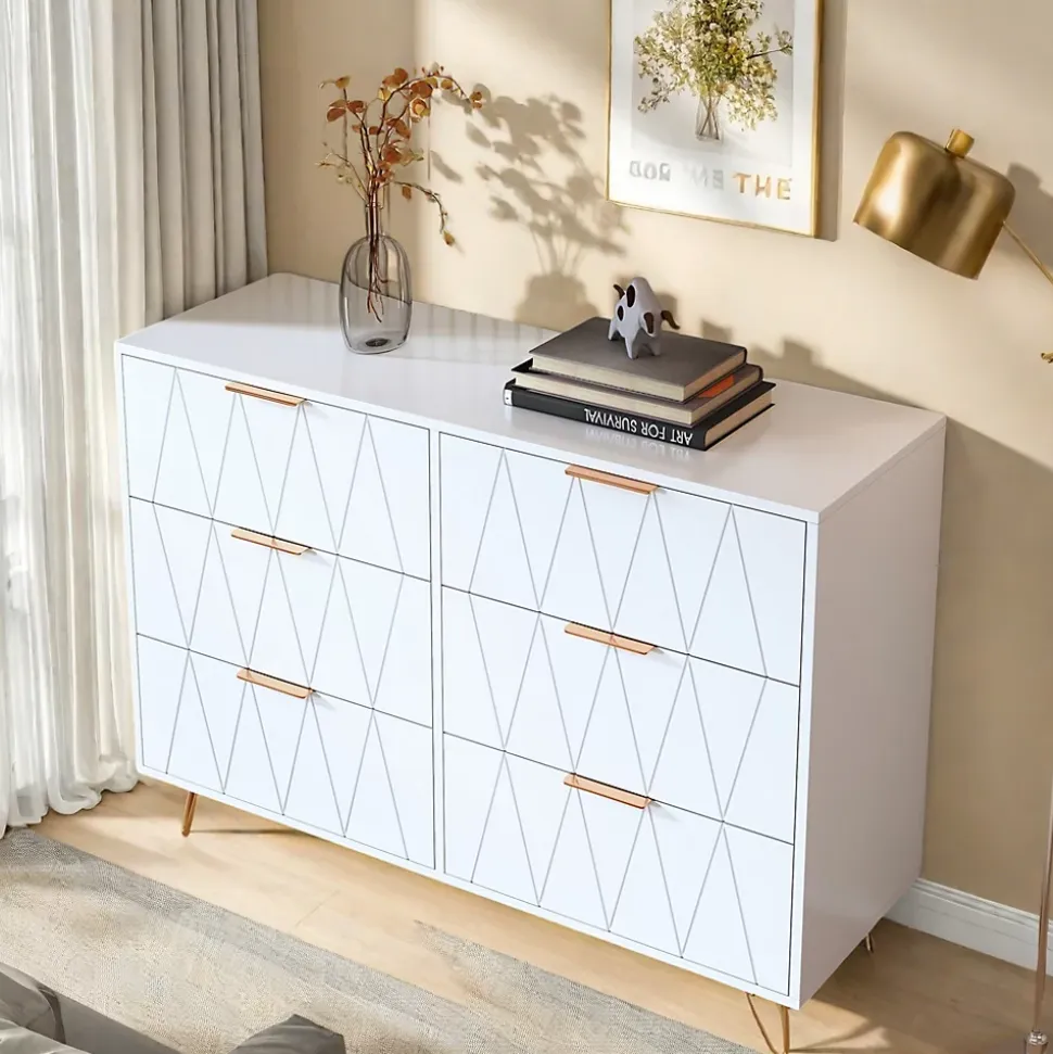 Commode 6 tiroirs blanche avec façades à motif losange en relief, panneaux mélaminés, grande capacité de rangement et robuste