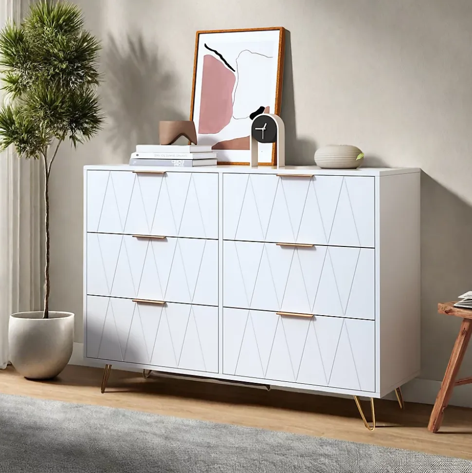 Commode 6 tiroirs blanche avec façades à motif losange en relief, panneaux mélaminés, grande capacité de rangement et robuste