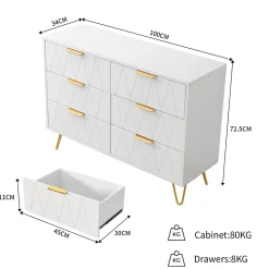 Commode 6 tiroirs blanche avec façades à motif losange en relief, panneaux mélaminés, grande capacité de rangement et robuste