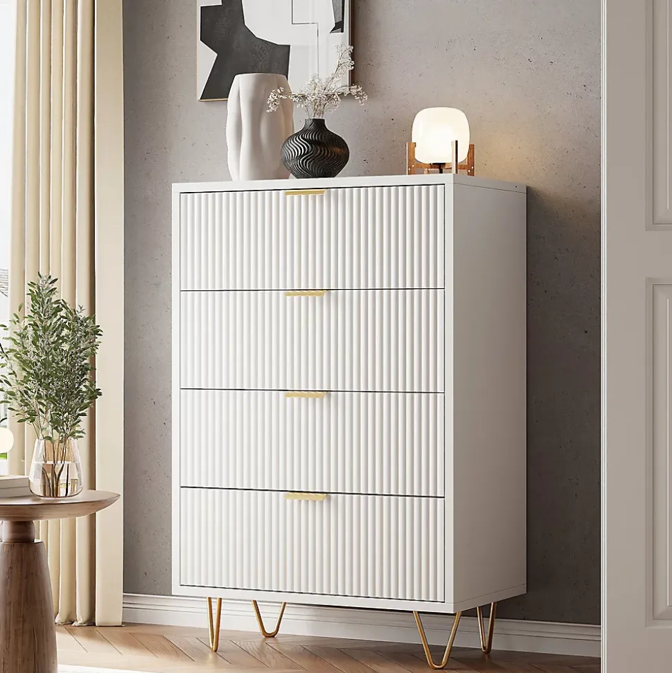 Commode 4 tiroirs blanche avec façade à motif ondulé, poignées dorées et pieds en métal, style moderne, grand espace de rangement