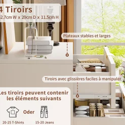Commode 4 tiroirs blanche avec façade à motif ondulé, poignées dorées et pieds en métal, style moderne, grand espace de rangement