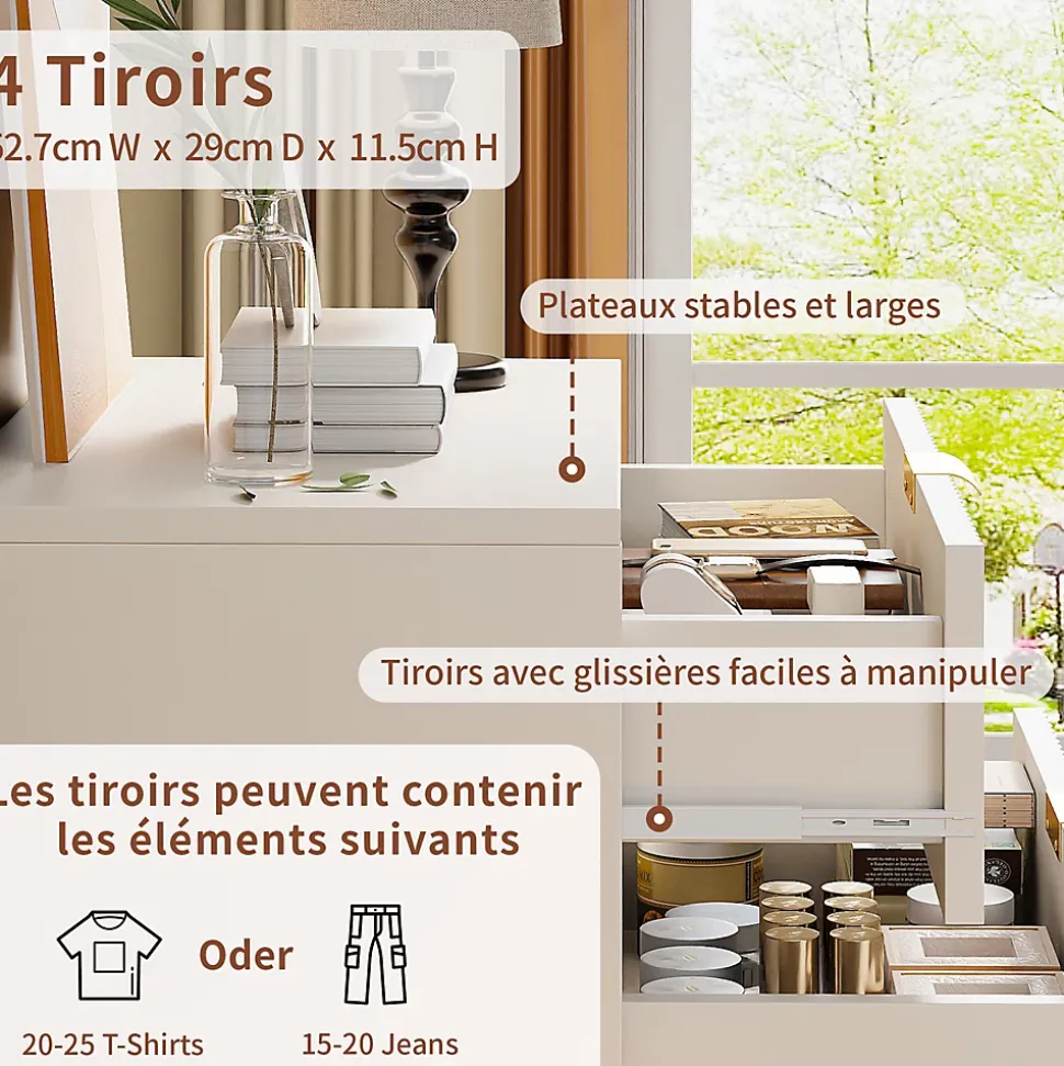 Commode 4 tiroirs blanche avec façade à motif ondulé, poignées dorées et pieds en métal, style moderne, grand espace de rangement