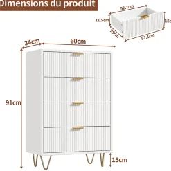 Commode 4 tiroirs blanche avec façade à motif ondulé, poignées dorées et pieds en métal, style moderne, grand espace de rangement
