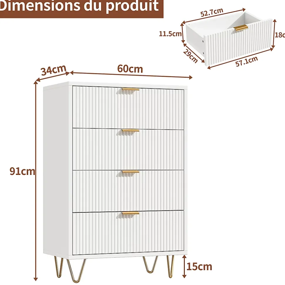 Commode 4 tiroirs blanche avec façade à motif ondulé, poignées dorées et pieds en métal, style moderne, grand espace de rangement