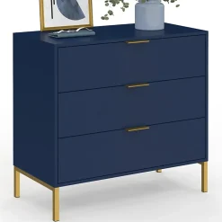 Commode 3 tiroirs BLENIA 80 cm bleu nuit et finitions dorées