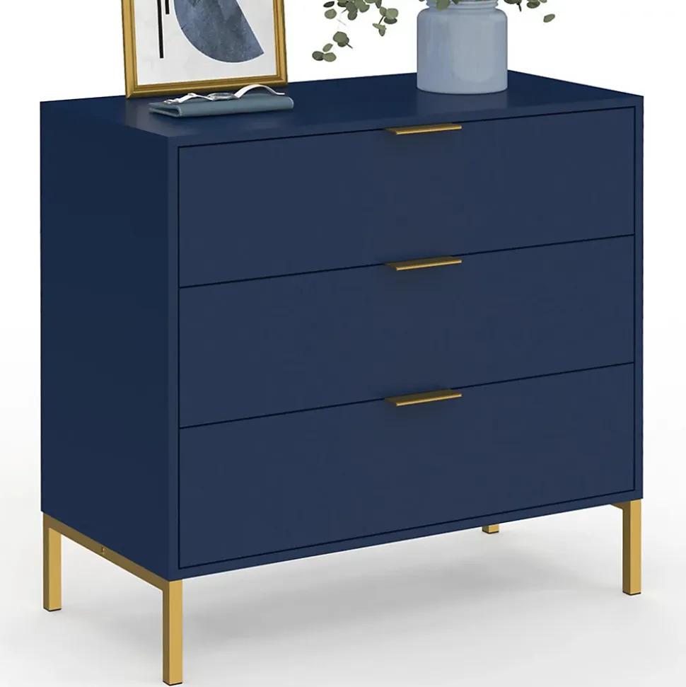 Commode 3 tiroirs BLENIA 80 cm bleu nuit et finitions dorées