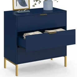 Commode 3 tiroirs BLENIA 80 cm bleu nuit et finitions dorées