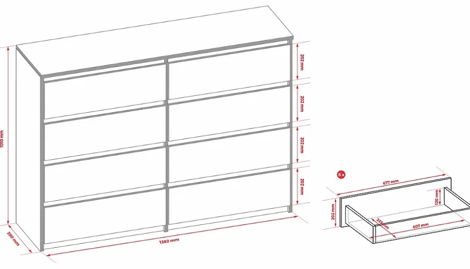 Commode 8 tiroirs, cachemire, 139 x 39 x 101 cm