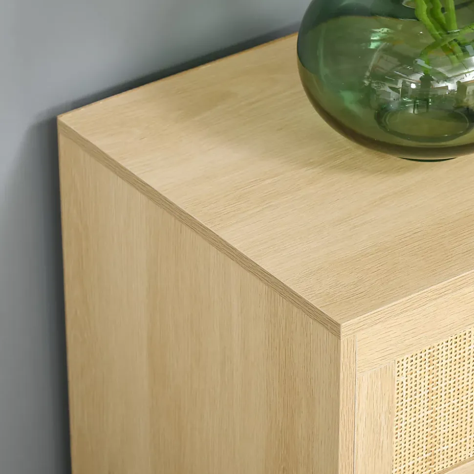 Commode 3 tiroirs cannage en rotin dim. 80L x 40l x 80H cm MDF aspect bois clair