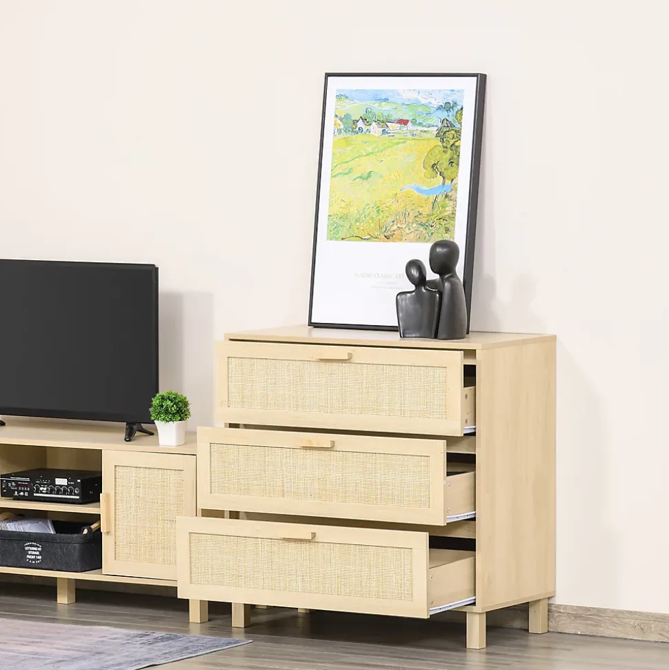 Commode 3 tiroirs cannage en rotin dim. 80L x 40l x 80H cm MDF aspect bois clair