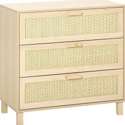 Commode 3 tiroirs cannage en rotin dim. 80L x 40l x 80H cm MDF aspect bois clair