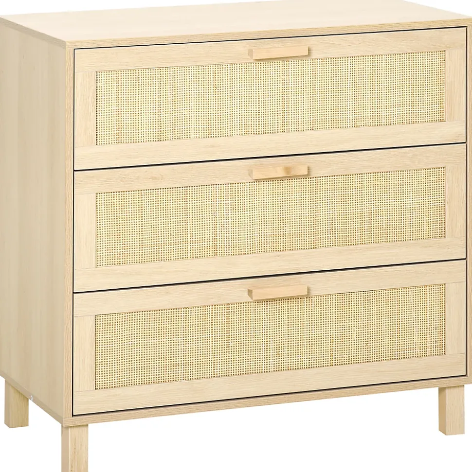 Commode 3 tiroirs cannage en rotin dim. 80L x 40l x 80H cm MDF aspect bois clair