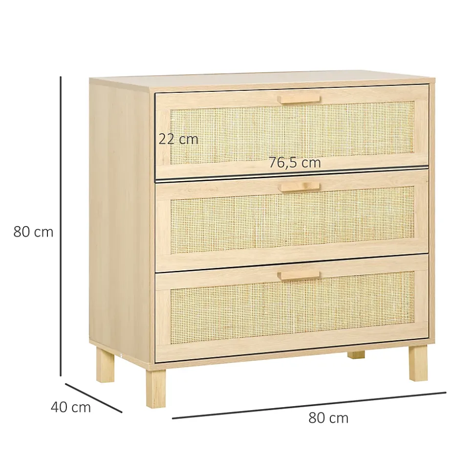 Commode 3 tiroirs cannage en rotin dim. 80L x 40l x 80H cm MDF aspect bois clair