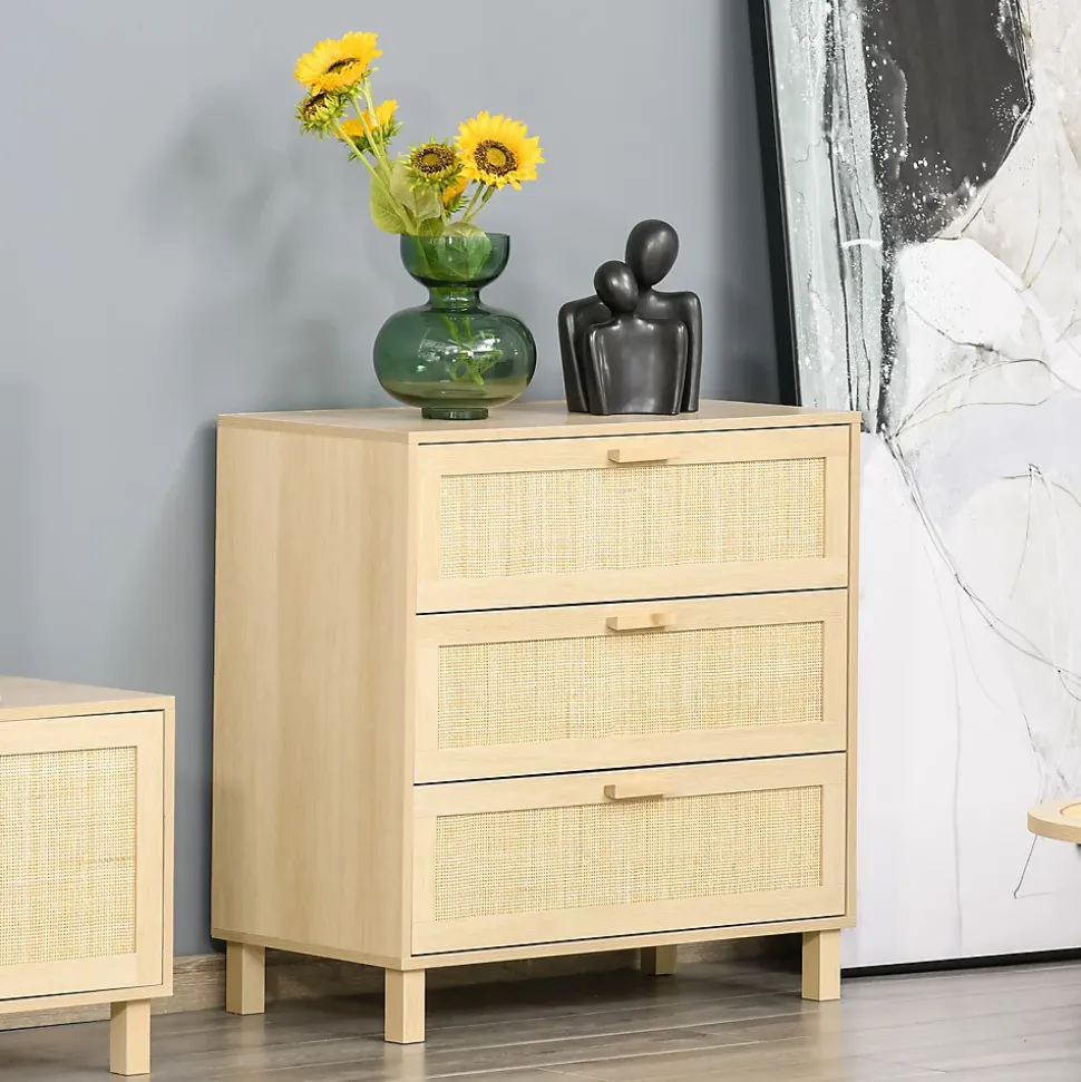Commode 3 tiroirs cannage en rotin dim. 80L x 40l x 80H cm MDF aspect bois clair