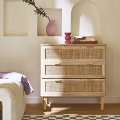 Commode 3 tiroirs cannage et décor bois CAMARGUE L 80 x P 40 x H 80cm