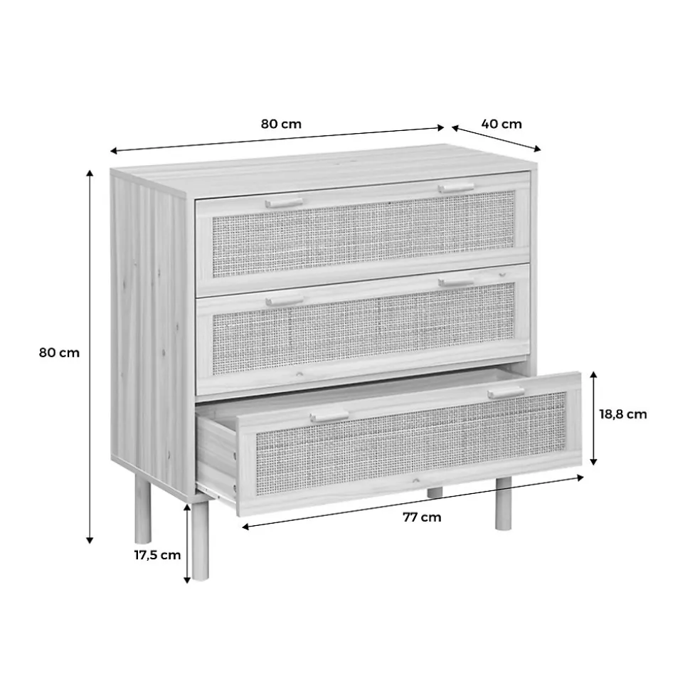 Commode 3 tiroirs cannage et décor bois CAMARGUE L 80 x P 40 x H 80cm