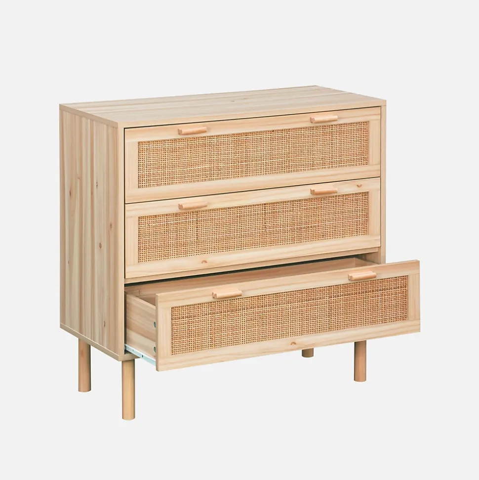Commode 3 tiroirs cannage et décor bois CAMARGUE L 80 x P 40 x H 80cm