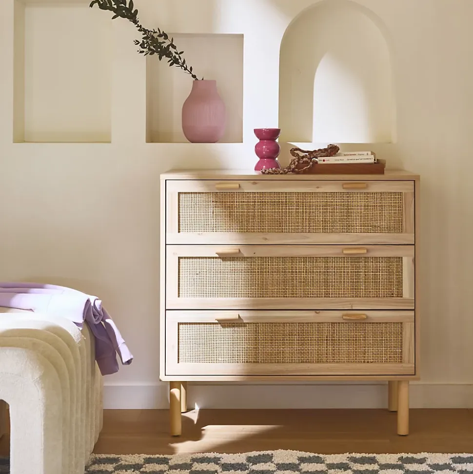 Commode 3 tiroirs cannage et décor bois CAMARGUE L 80 x P 40 x H 80cm