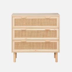 Commode 3 tiroirs cannage et décor bois CAMARGUE L 80 x P 40 x H 80cm
