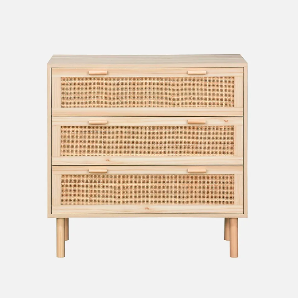 Commode 3 tiroirs cannage et décor bois CAMARGUE L 80 x P 40 x H 80cm