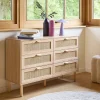 Commode 6 tiroirs cannage et décor bois CAMARGUE L 120 x P 40 x H 80cm