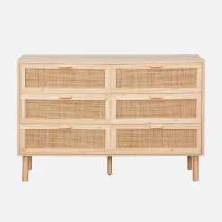 Commode 6 tiroirs cannage et décor bois CAMARGUE L 120 x P 40 x H 80cm