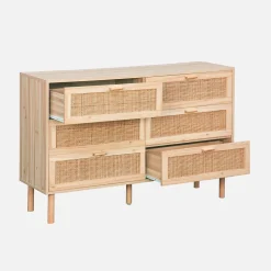 Commode 6 tiroirs cannage et décor bois CAMARGUE L 120 x P 40 x H 80cm