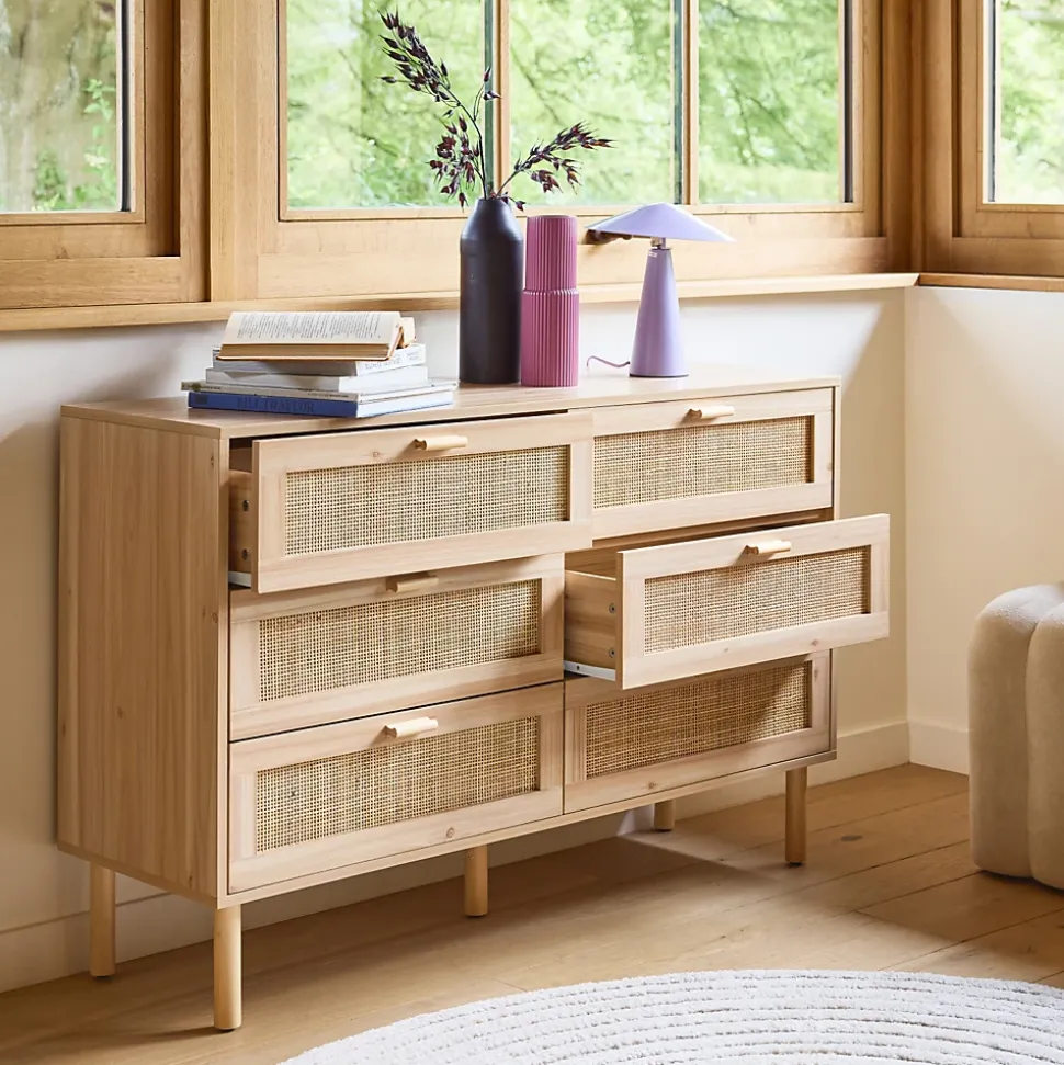 Commode 6 tiroirs cannage et décor bois CAMARGUE L 120 x P 40 x H 80cm