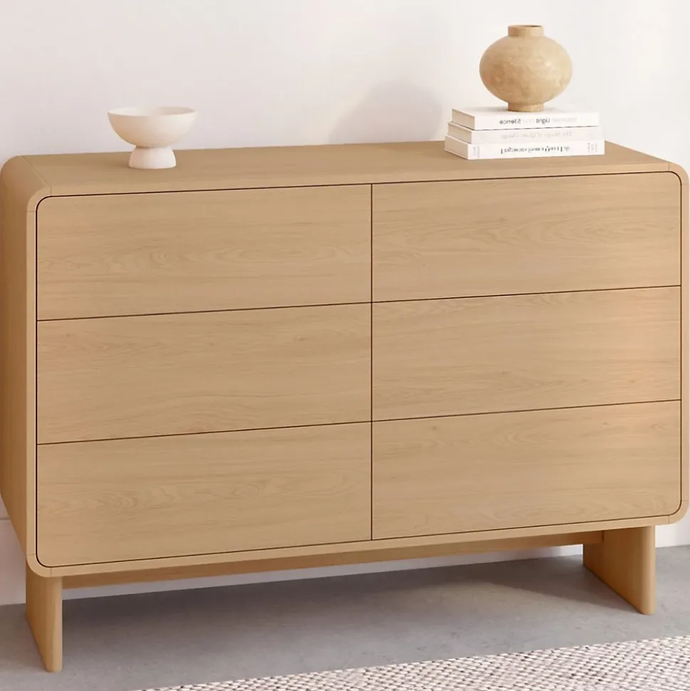 Commode 6 tiroirs CAPUCINE 110 cm façon hêtre design arrondi