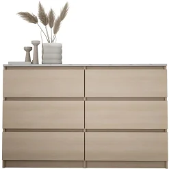 Commode 6 Tiroirs, Chêne Linberg / Mdf Marbre Bianco, 120 X 78,5 X 39 Cm