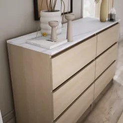 Commode 6 Tiroirs, Chêne Linberg / Mdf Marbre Bianco, 120 X 78,5 X 39 Cm