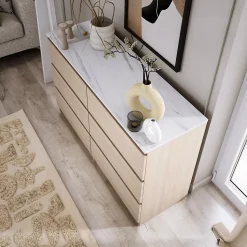 Commode 6 Tiroirs, Chêne Linberg / Mdf Marbre Bianco, 120 X 78,5 X 39 Cm