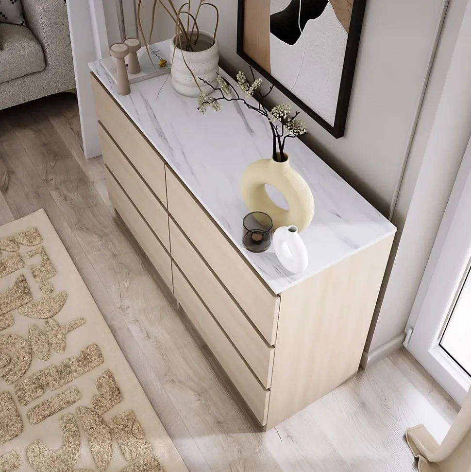 Commode 6 Tiroirs, Chêne Linberg / Mdf Marbre Bianco, 120 X 78,5 X 39 Cm