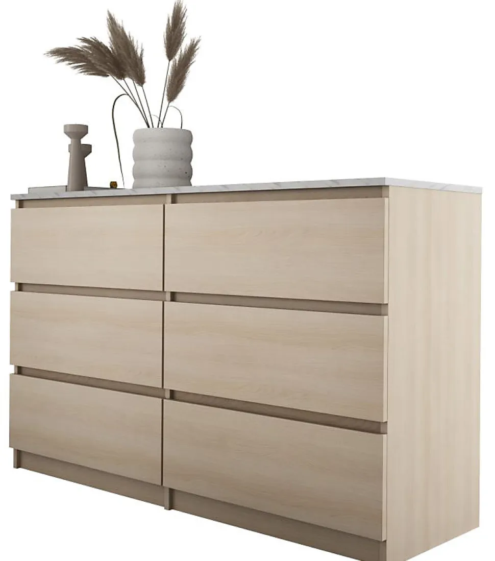 Commode 6 Tiroirs, Chêne Linberg / Mdf Marbre Bianco, 120 X 78,5 X 39 Cm