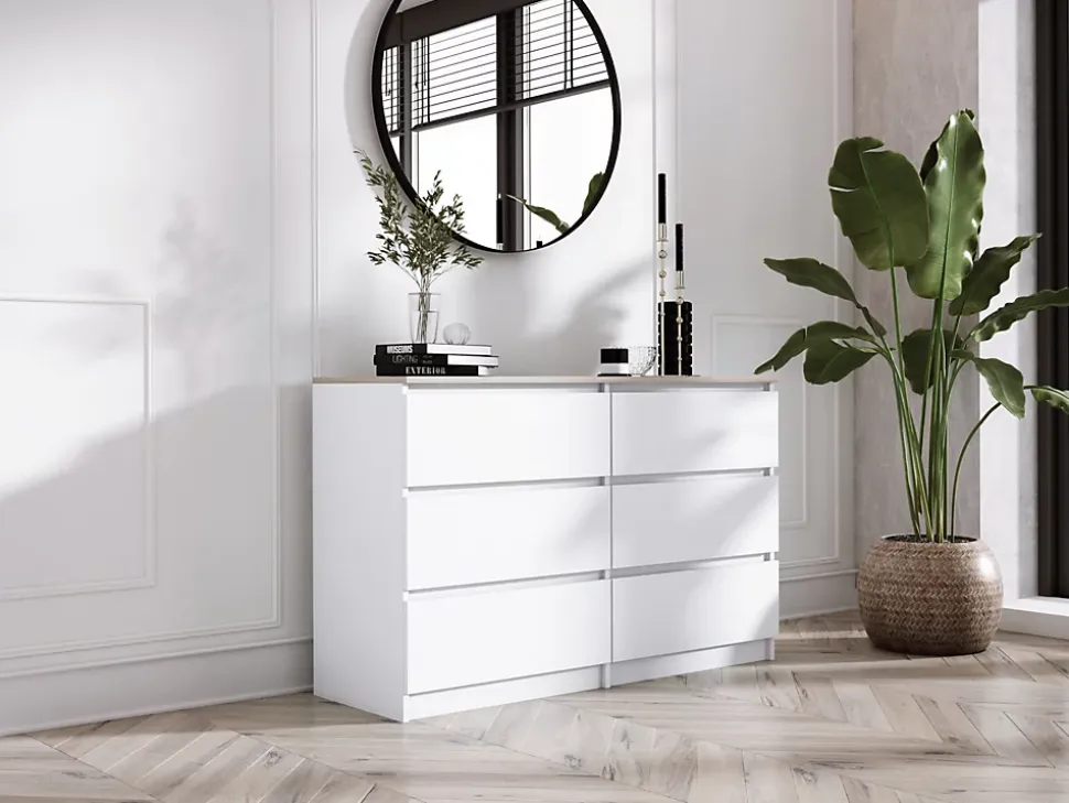 Commode 6 Tiroirs, Chêne Sonoma / Blanc Top, 120 X 39 X 78 Cm