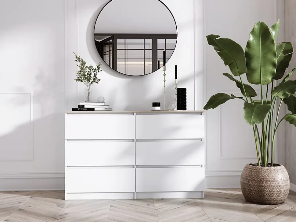 Commode 6 Tiroirs, Chêne Sonoma / Blanc Top, 120 X 39 X 78 Cm