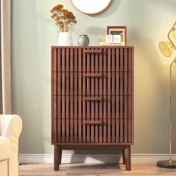 Commode 4 tiroirs couleur noyer, meuble de rangement design à rainures verticales, style moderne pour chambre ou salon