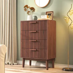 Commode 4 tiroirs couleur noyer, meuble de rangement design à rainures verticales, style moderne pour chambre ou salon