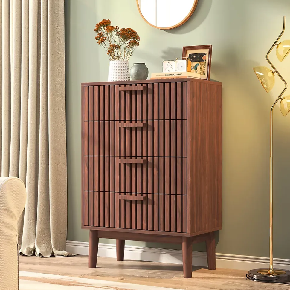Commode 4 tiroirs couleur noyer, meuble de rangement design à rainures verticales, style moderne pour chambre ou salon
